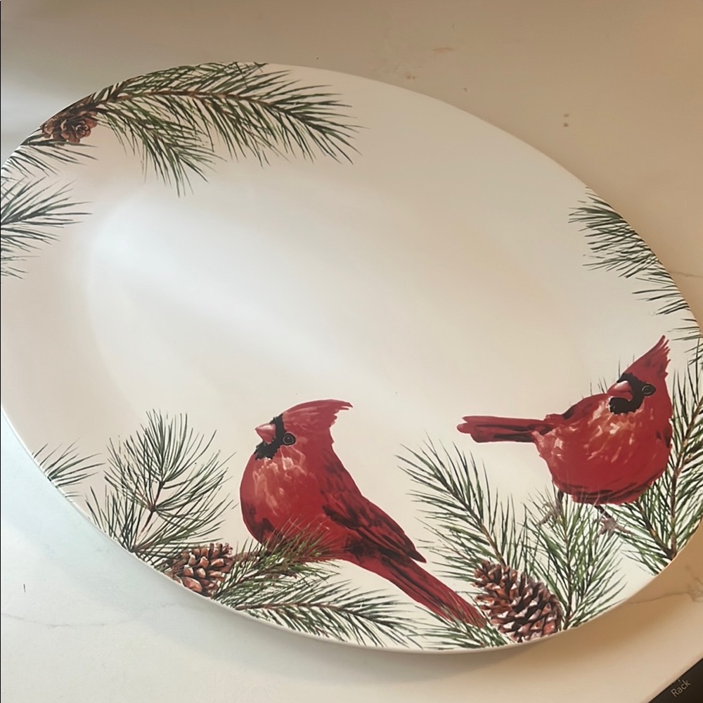 Robert Stanley Oval Platter featuring Cardinals and Pine leaves